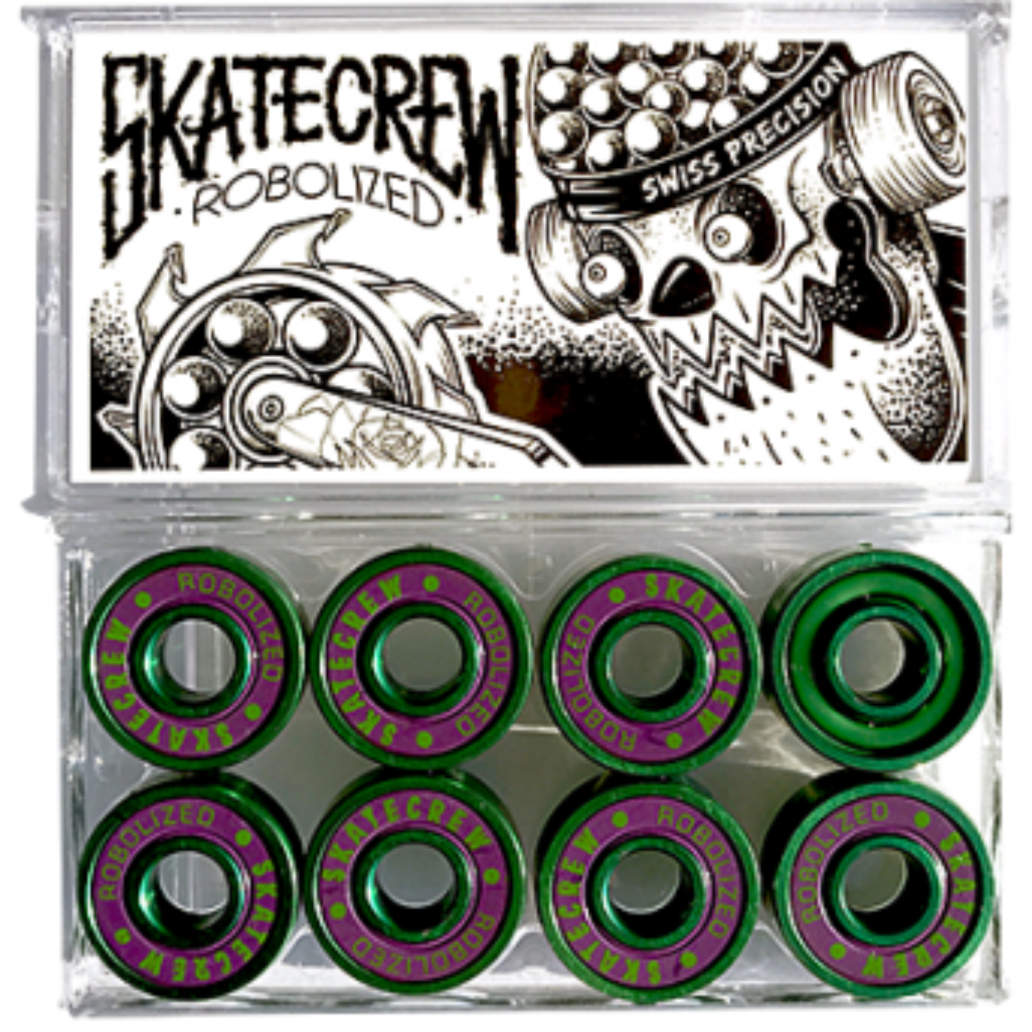 Roulements Swiss Robolized V2 Green/Purple précision suisse Skate Crew skateboard cruiser surfskate